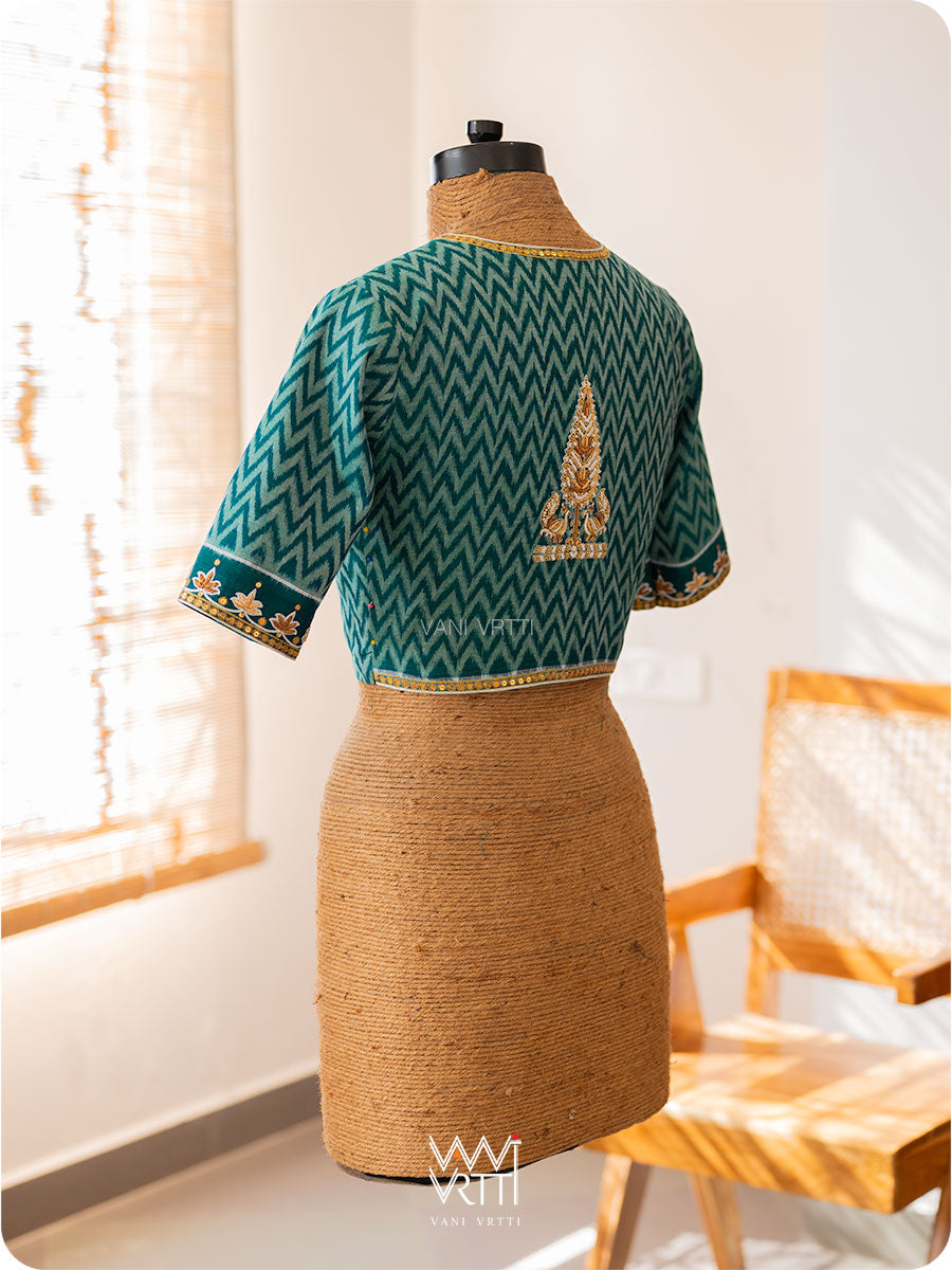 Emerald Green Tree Of Life Zardozi Cotton Ikat Blouse