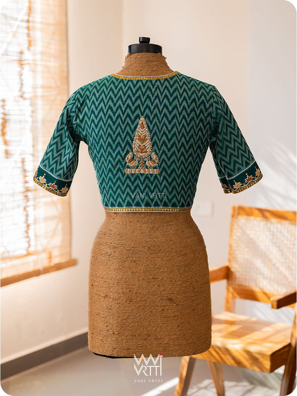 Emerald Green Tree Of Life Zardozi Cotton Ikat Blouse
