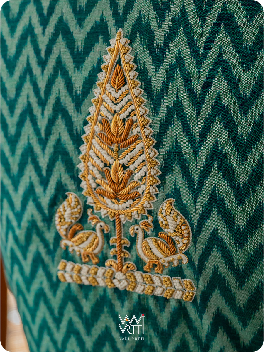 Emerald Green Tree Of Life Zardozi Cotton Ikat Blouse