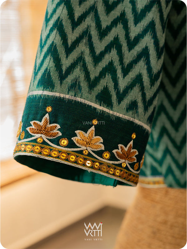 Emerald Green Tree Of Life Zardozi Cotton Ikat Blouse
