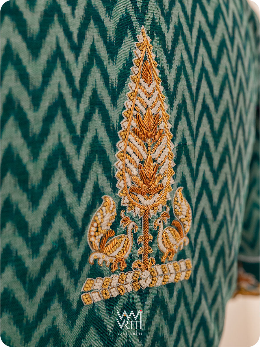 Emerald Green Tree Of Life Zardozi Cotton Ikat Blouse