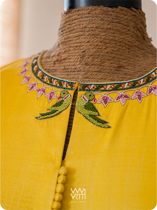 Yellow Lotus Parrot Hand Embroidery Tussar Silk Blouse