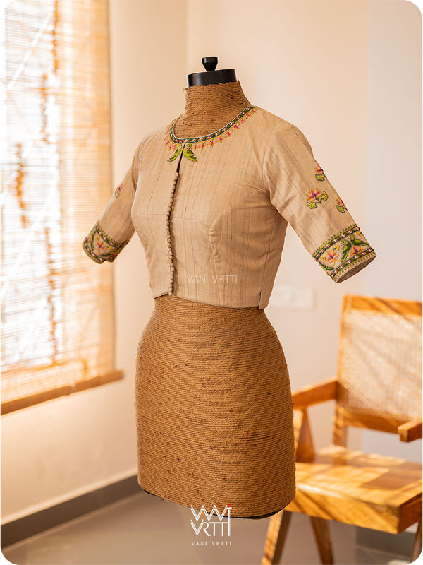 Off White Lotus Parrot Hand Embroidery Tussar Silk Blouse