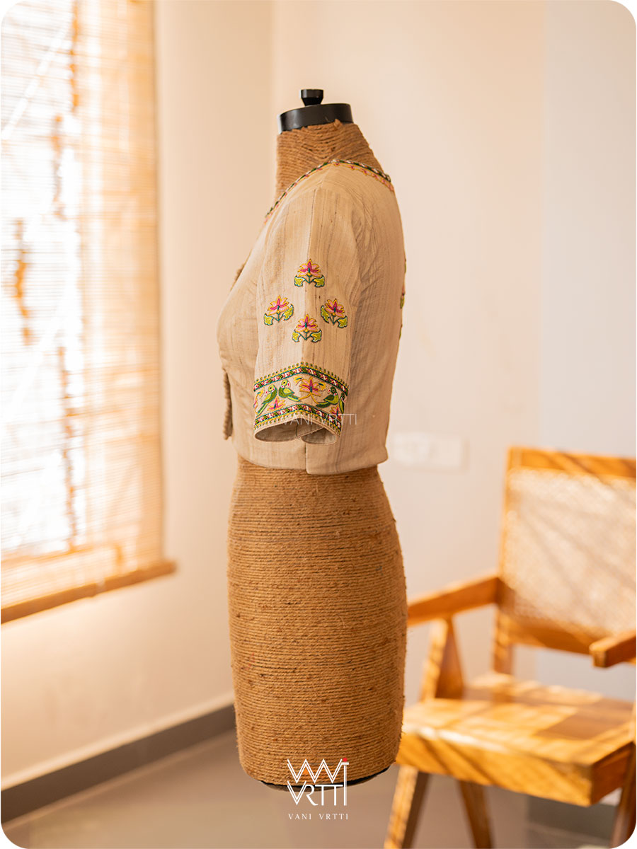 Off White Lotus Parrot Hand Embroidery Tussar Silk Blouse