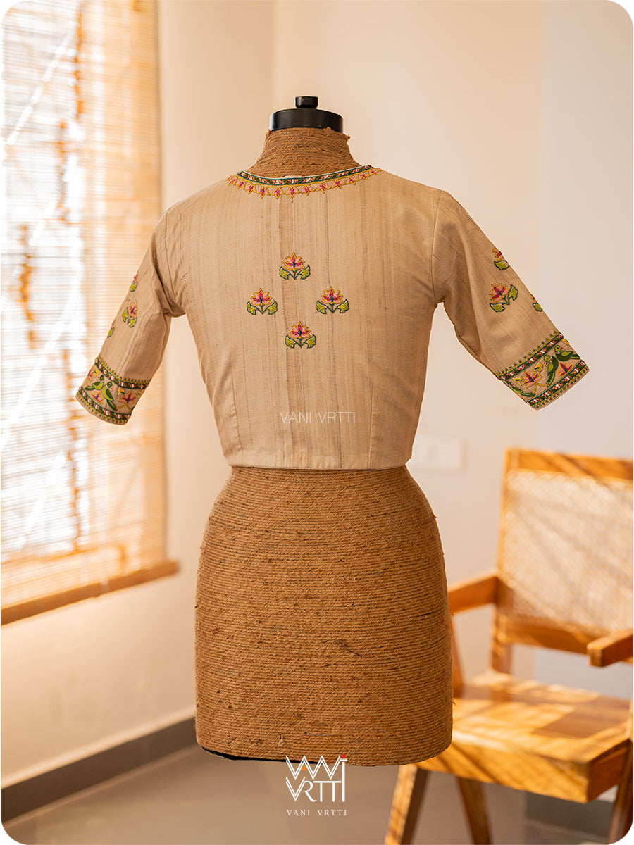 Off White Lotus Parrot Hand Embroidery Tussar Silk Blouse