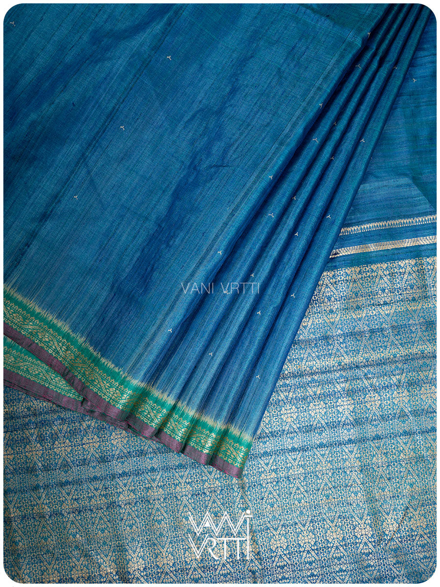 Peacock Blue Madhumalati Handspun Tussar Silk Saree