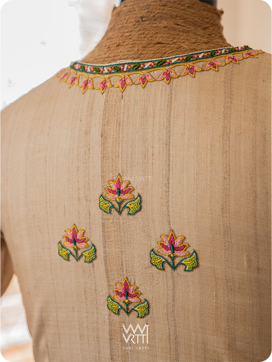 Off White Lotus Parrot Hand Embroidery Tussar Silk Blouse