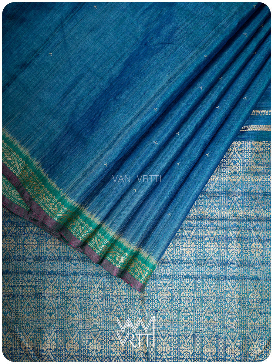 Peacock Blue Madhumalati Handspun Tussar Silk Saree