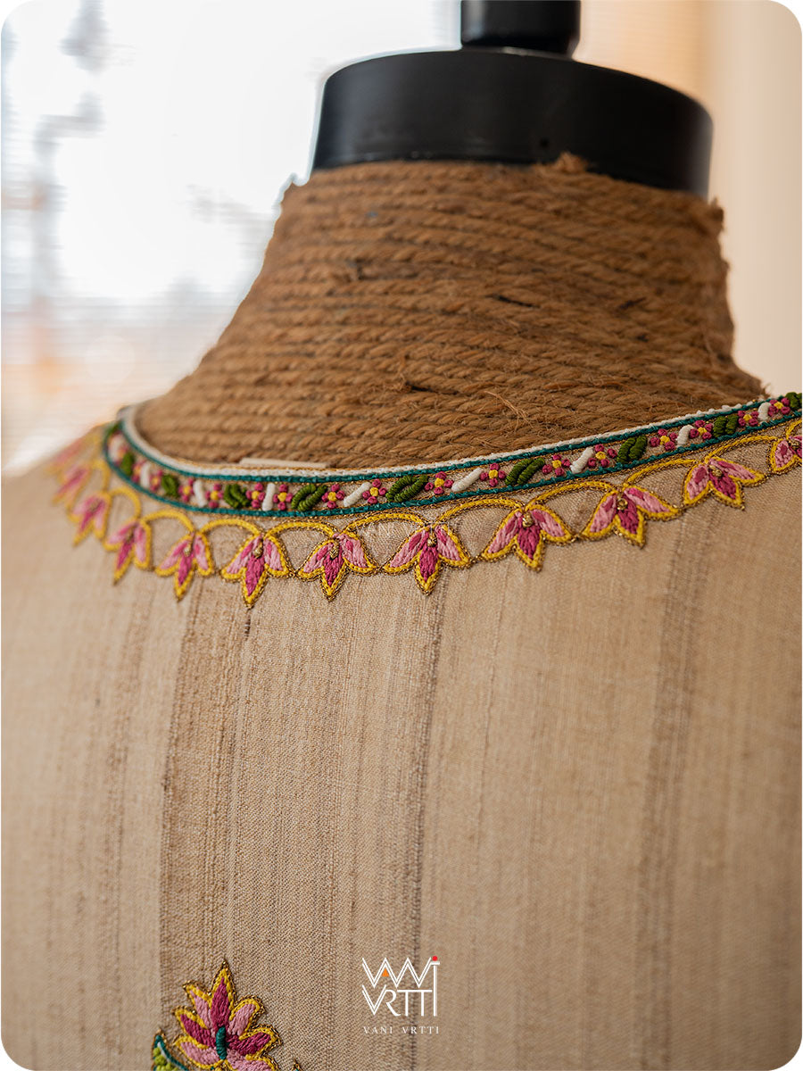 Off White Lotus Parrot Hand Embroidery Tussar Silk Blouse