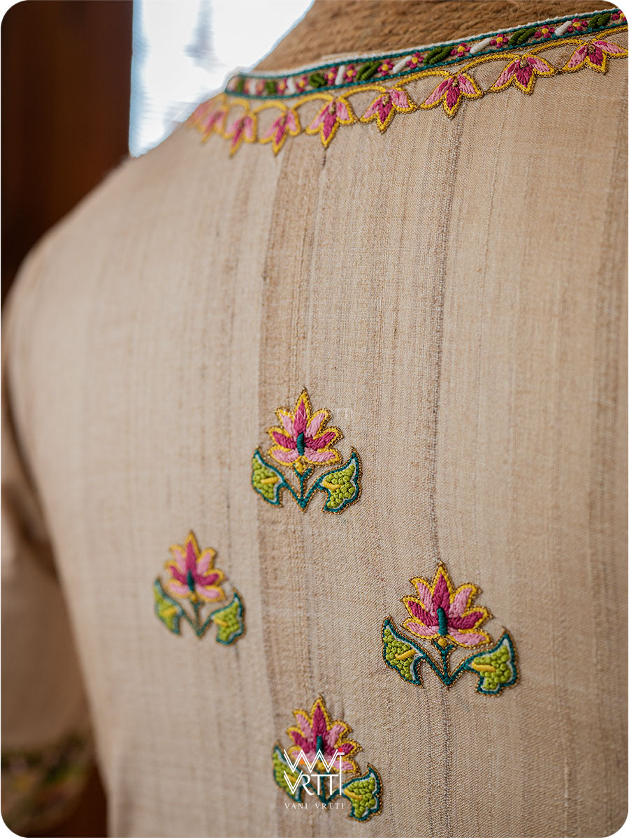 Off White Lotus Parrot Hand Embroidery Tussar Silk Blouse