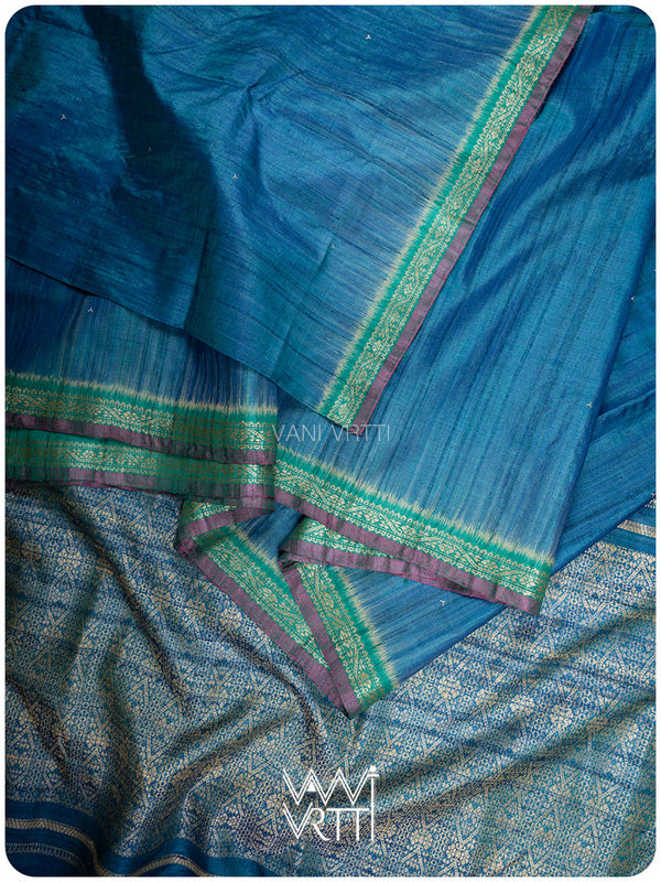 Peacock Blue Madhumalati Handspun Tussar Silk Saree