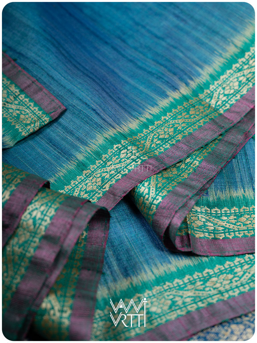 Peacock Blue Madhumalati Handspun Tussar Silk Saree