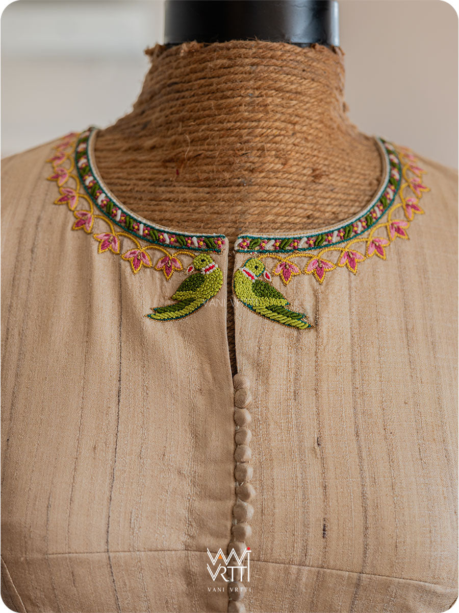 Off White Lotus Parrot Hand Embroidery Tussar Silk Blouse