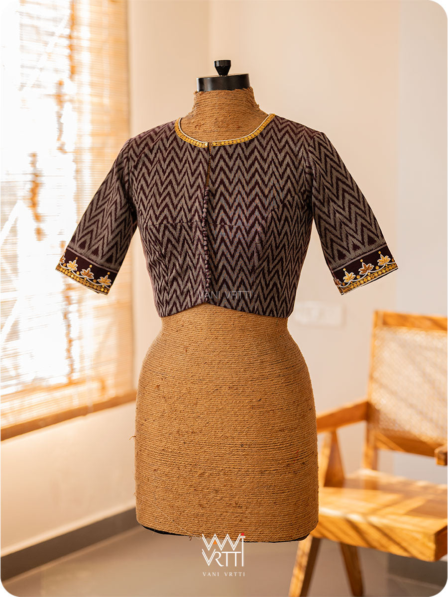 Coffee Brown Tree Of Life Zardozi Cotton Ikat Blouse