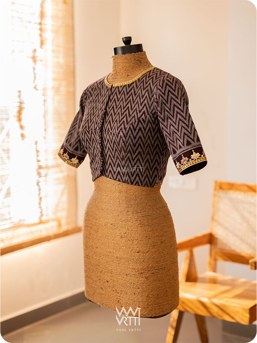 Coffee Brown Tree Of Life Zardozi Cotton Ikat Blouse