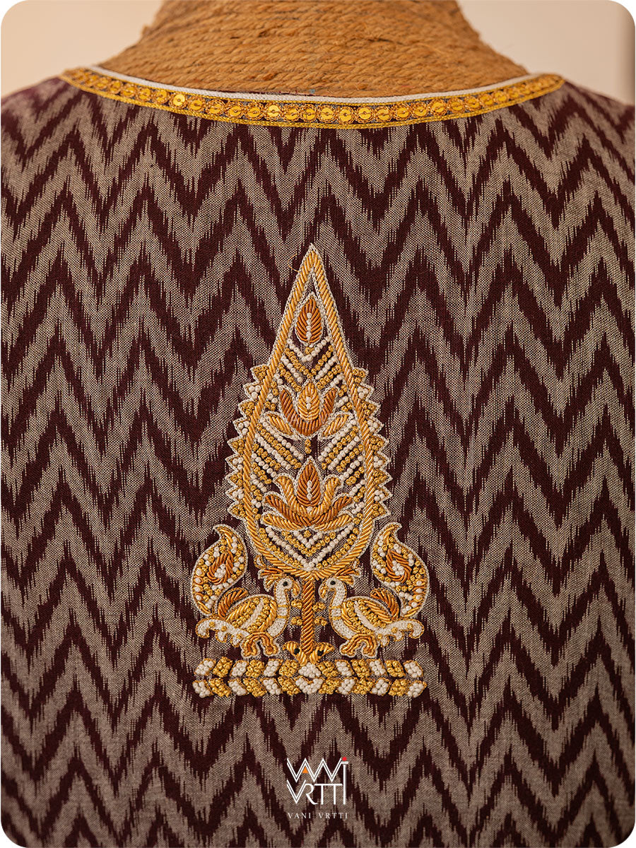 Coffee Brown Tree Of Life Zardozi Cotton Ikat Blouse