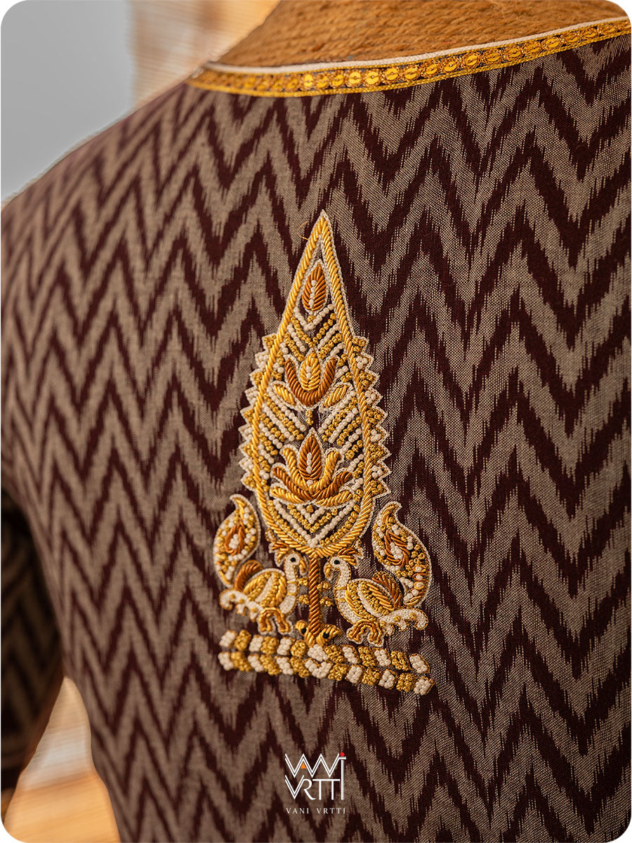 Coffee Brown Tree Of Life Zardozi Cotton Ikat Blouse