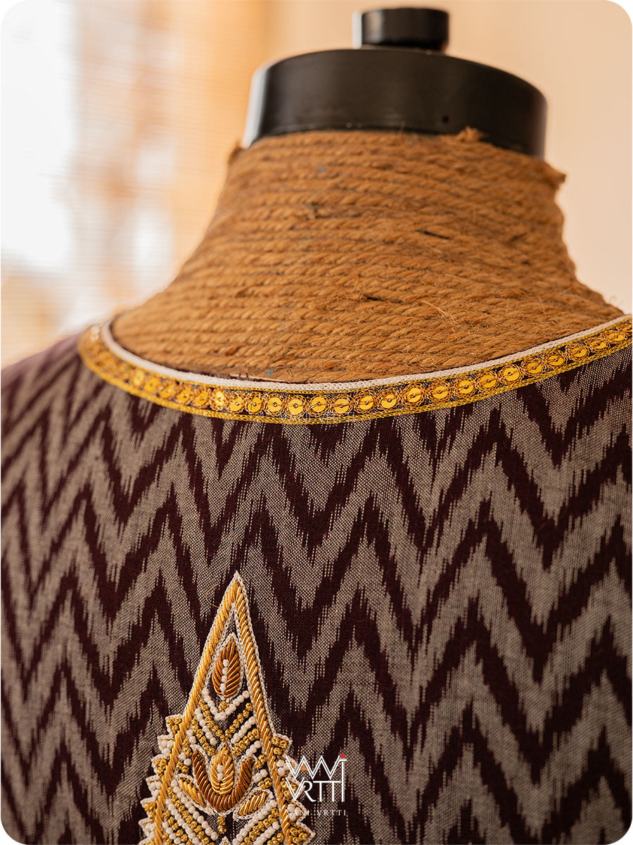 Coffee Brown Tree Of Life Zardozi Cotton Ikat Blouse