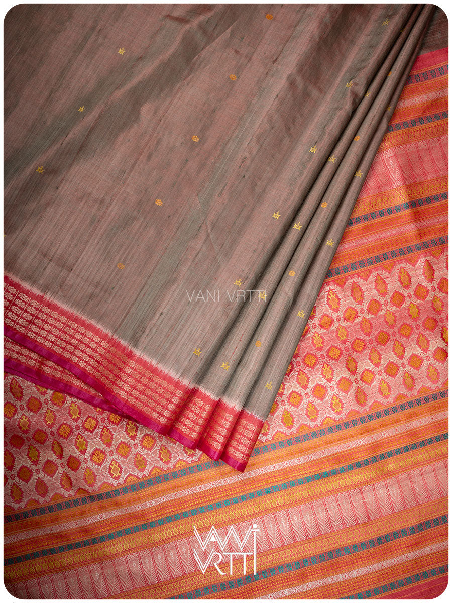 Silver Oak Brown Matsya Kachhap Handspun Tussar Silk Saree