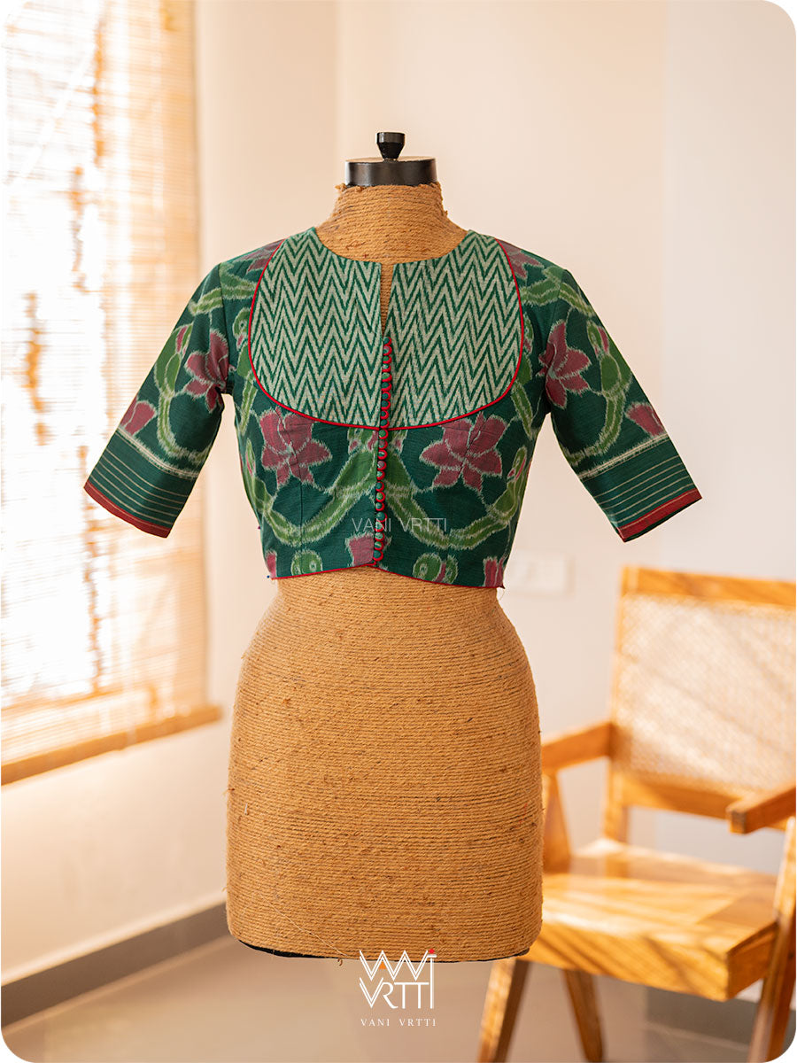Deep Bottle Green Lotus Parrot Yoke Cotton Ikat Blouse