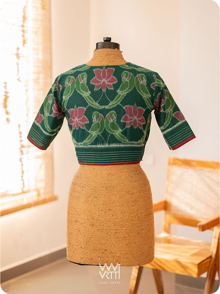 Deep Bottle Green Lotus Parrot Yoke Cotton Ikat Blouse