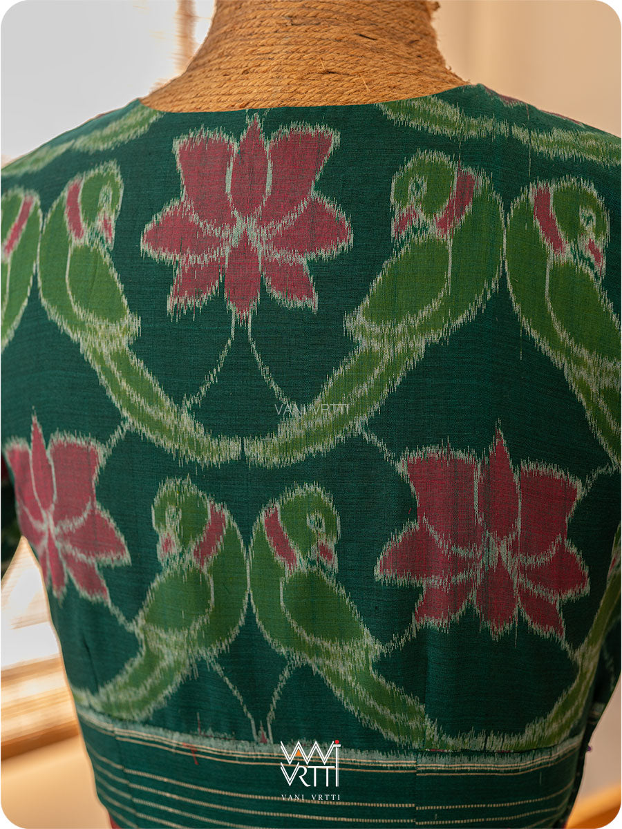 Deep Bottle Green Lotus Parrot Yoke Cotton Ikat Blouse