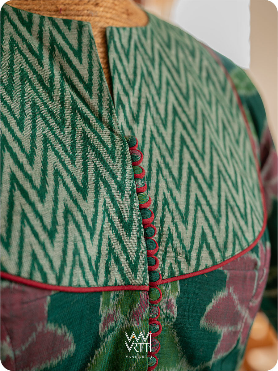Deep Bottle Green Lotus Parrot Yoke Cotton Ikat Blouse