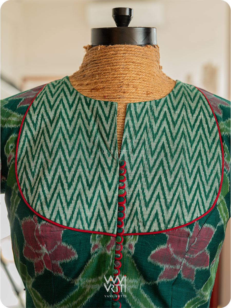 Deep Bottle Green Lotus Parrot Yoke Cotton Ikat Blouse