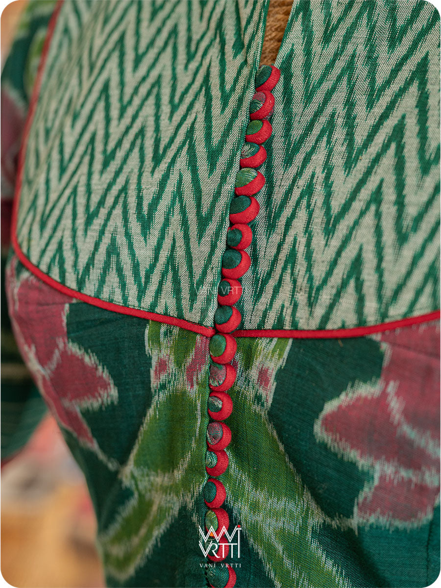 Deep Bottle Green Lotus Parrot Yoke Cotton Ikat Blouse