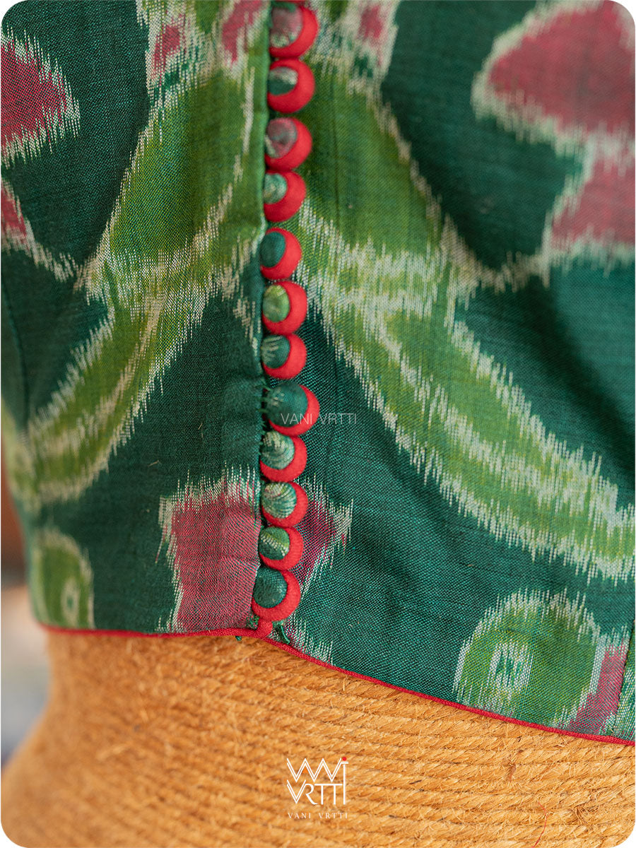 Deep Bottle Green Lotus Parrot Yoke Cotton Ikat Blouse