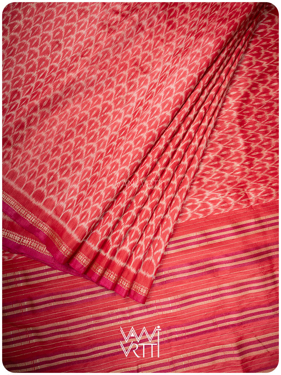 Watermelon Red Samudra Lahar Ikat Handspun Tussar Silk Sari