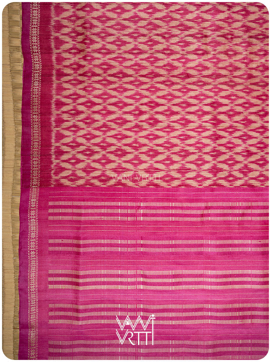 Magenta Pink Lily Ikat Handspun Tussar Silk Sari