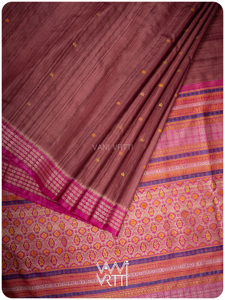 Mahogany Brown Matsya Kachhap Handspun Tussar Silk Saree