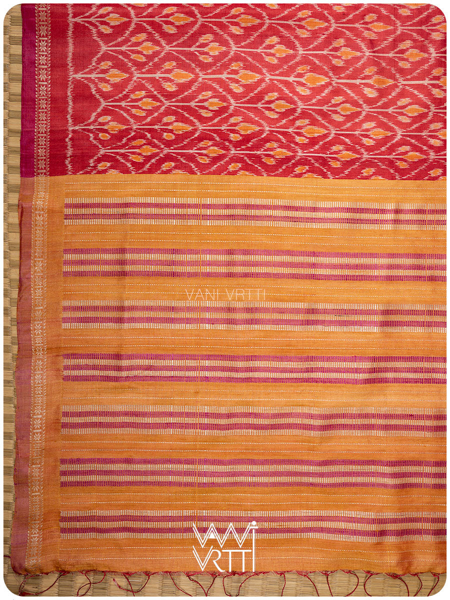 Tomato Red Iris Ikat Handspun Tussar Silk Sari
