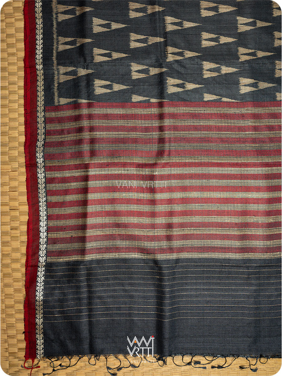 Black Alpana Ikat Handspun Tussar Silk Saree