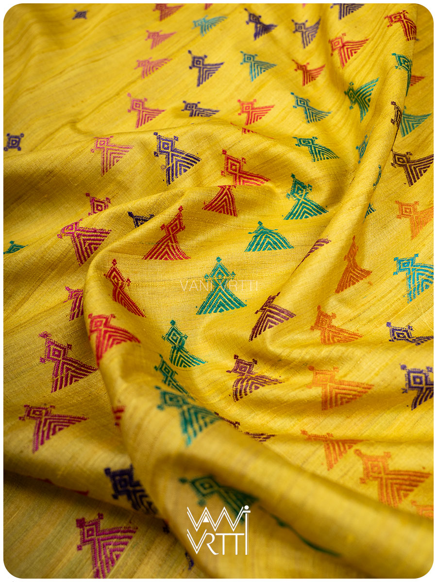 Lemon Yellow Deomali Kondha Handspun Tussar Silk Saree