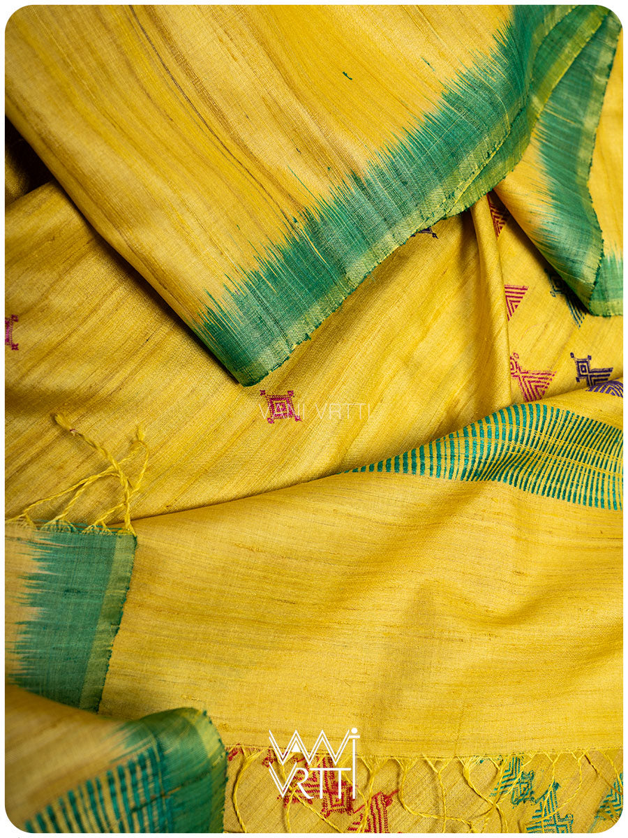 Lemon Yellow Deomali Kondha Handspun Tussar Silk Saree