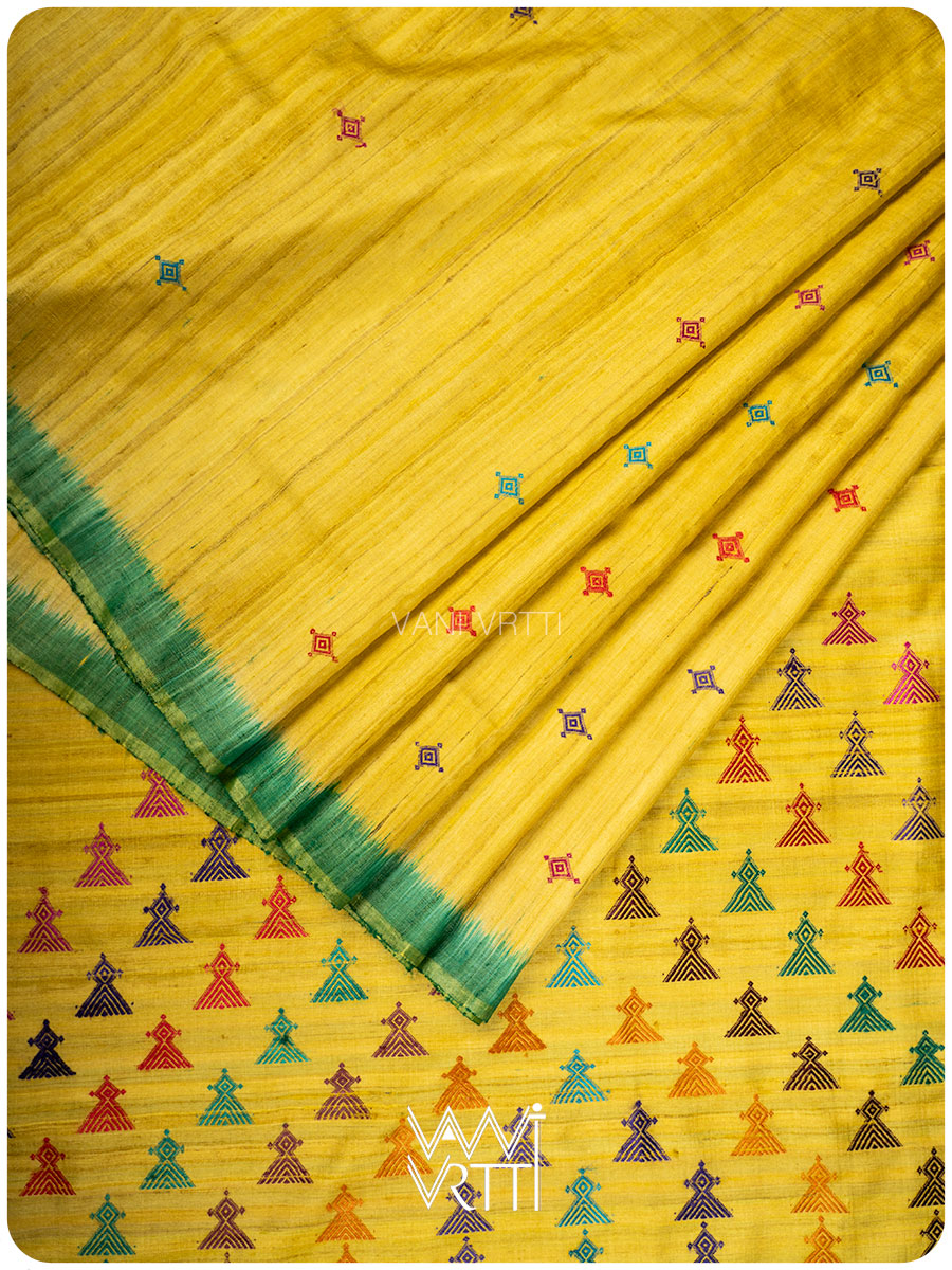 Lemon Yellow Deomali Kondha Handspun Tussar Silk Saree