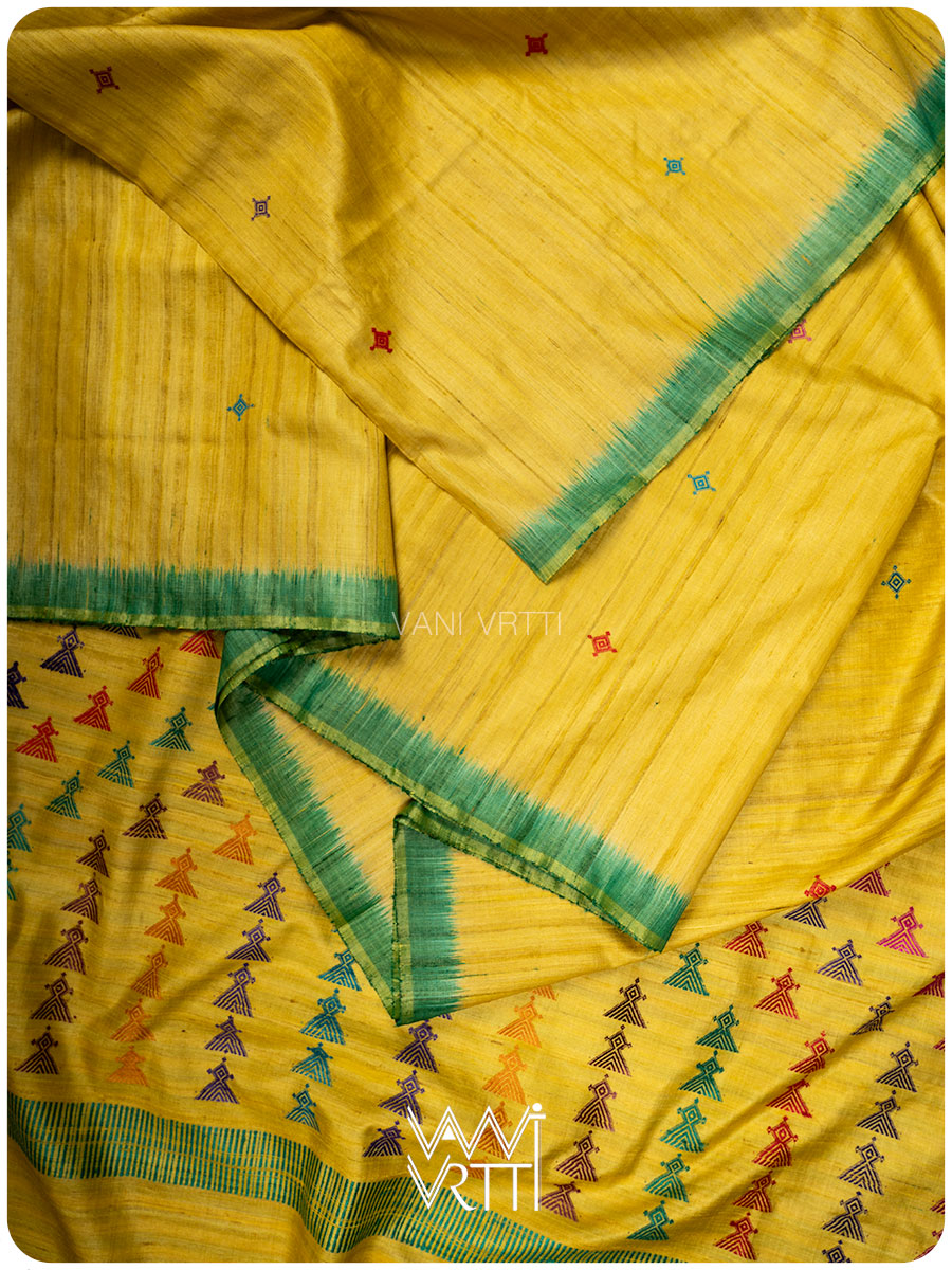 Lemon Yellow Deomali Kondha Handspun Tussar Silk Saree