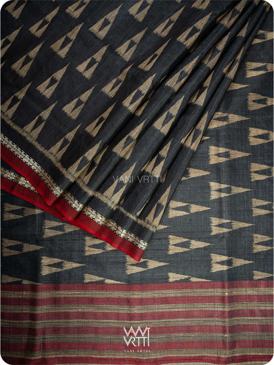 Black Alpana Ikat Handspun Tussar Silk Saree