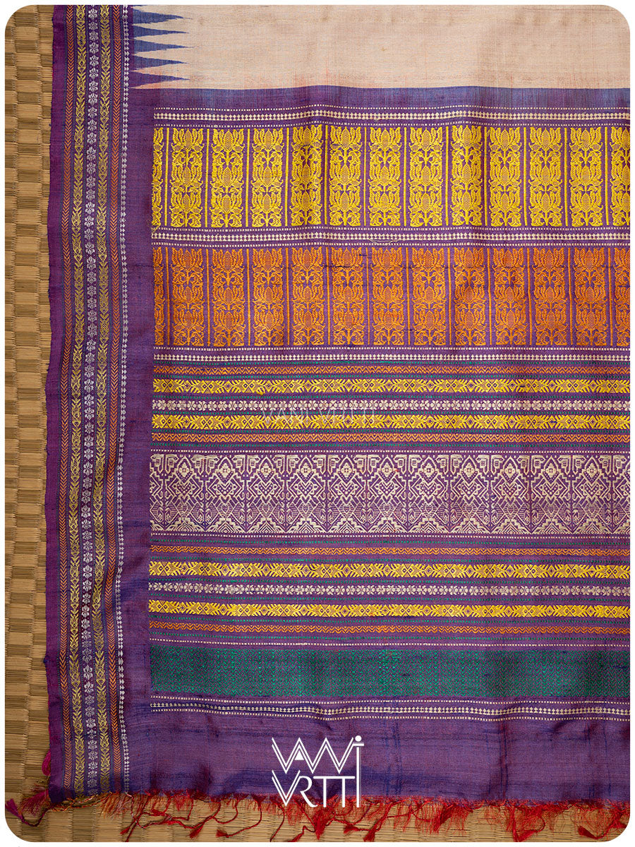 Off White Purple Pink Ananta Handspun Tussar Silk Sari