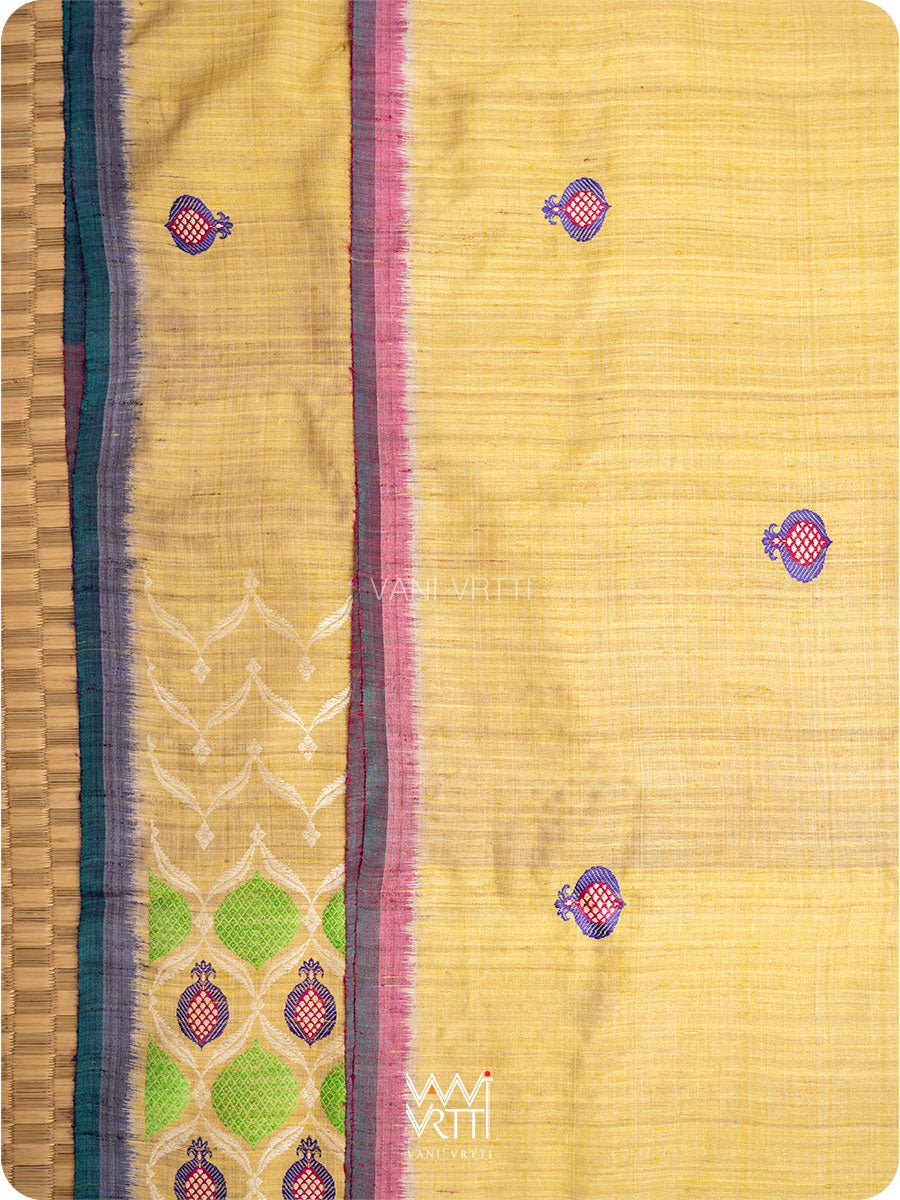 Pastel Yellow Pomegranate Jaal Handspun Tussar Silk Saree