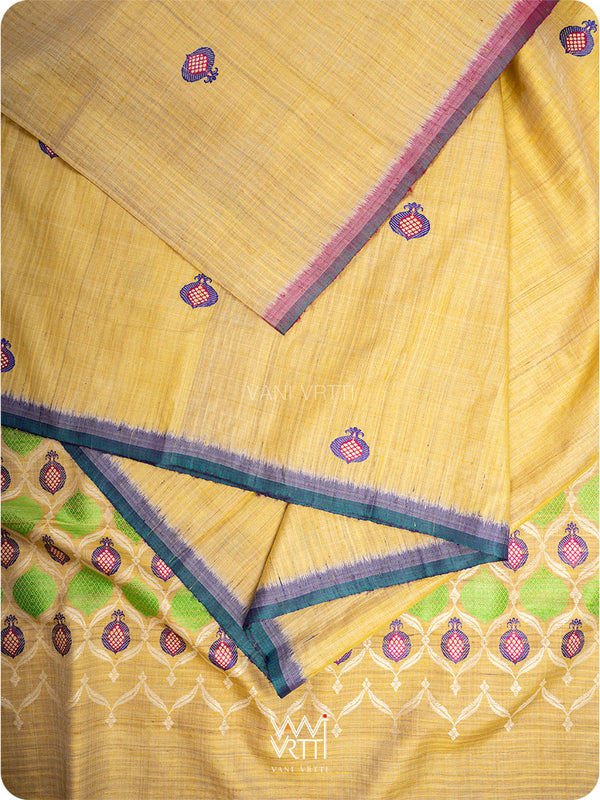 Pastel Yellow Pomegranate Jaal Handspun Tussar Silk Saree