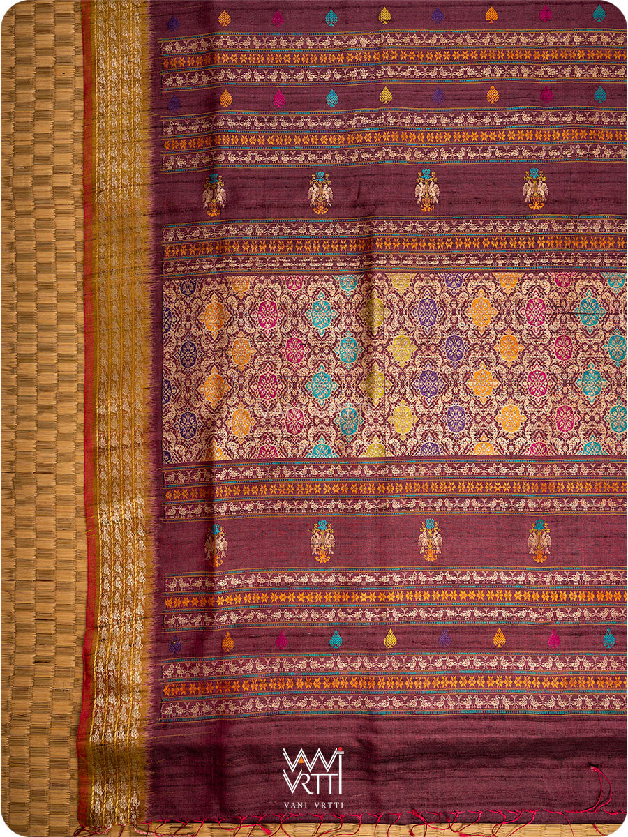 Deep Coffee Olive Green Nightingale Master Weave Exclusive Handspun Tussar Silk Saree