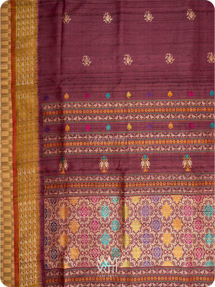 Deep Coffee Olive Green Nightingale Master Weave Exclusive Handspun Tussar Silk Saree