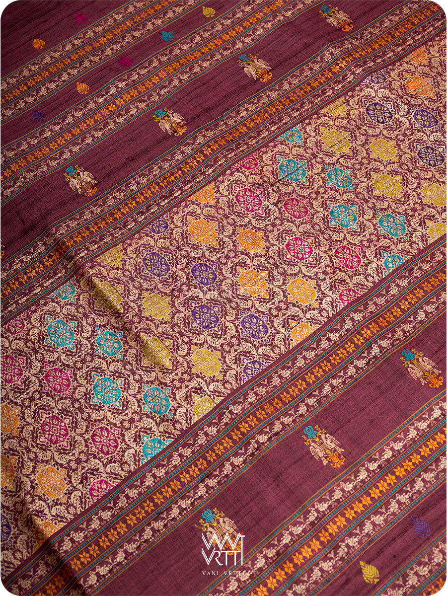 Deep Coffee Olive Green Nightingale Master Weave Exclusive Handspun Tussar Silk Saree