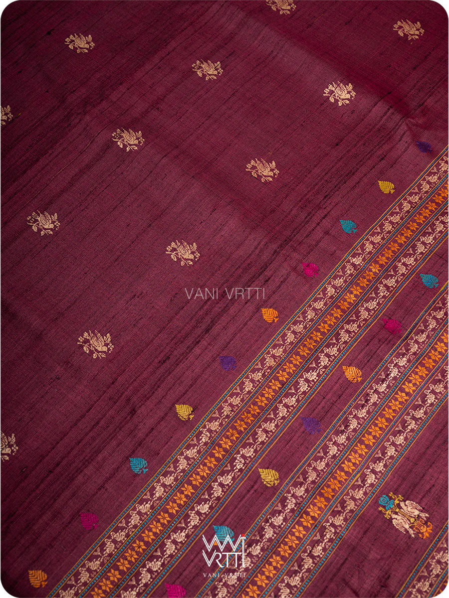 Deep Coffee Olive Green Nightingale Master Weave Exclusive Handspun Tussar Silk Saree