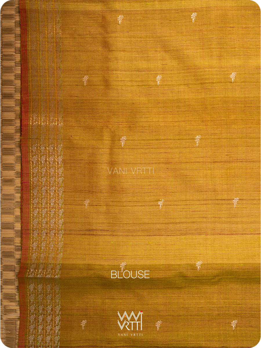 Deep Coffee Olive Green Nightingale Master Weave Exclusive Handspun Tussar Silk Saree