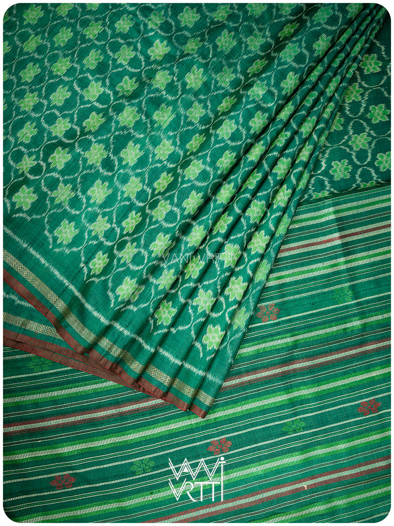 Emerald Green Nargis Ikat Handspun Tussar Silk Sari
