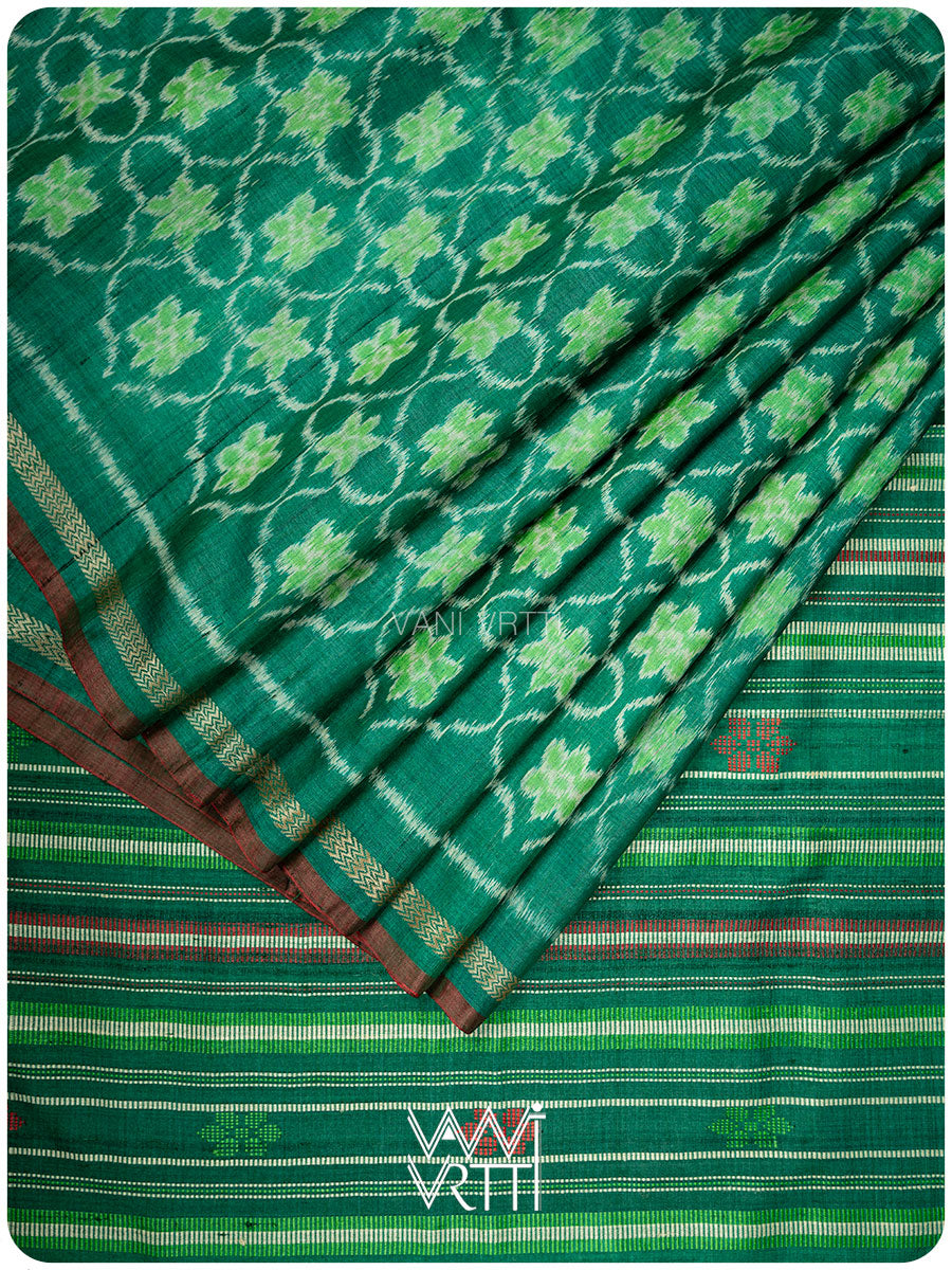 Emerald Green Nargis Ikat Handspun Tussar Silk Sari